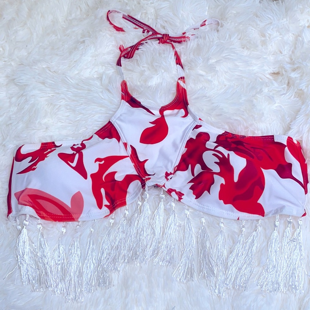 Red Floral White Tassel Halter Bikini Swim Top Size Large
